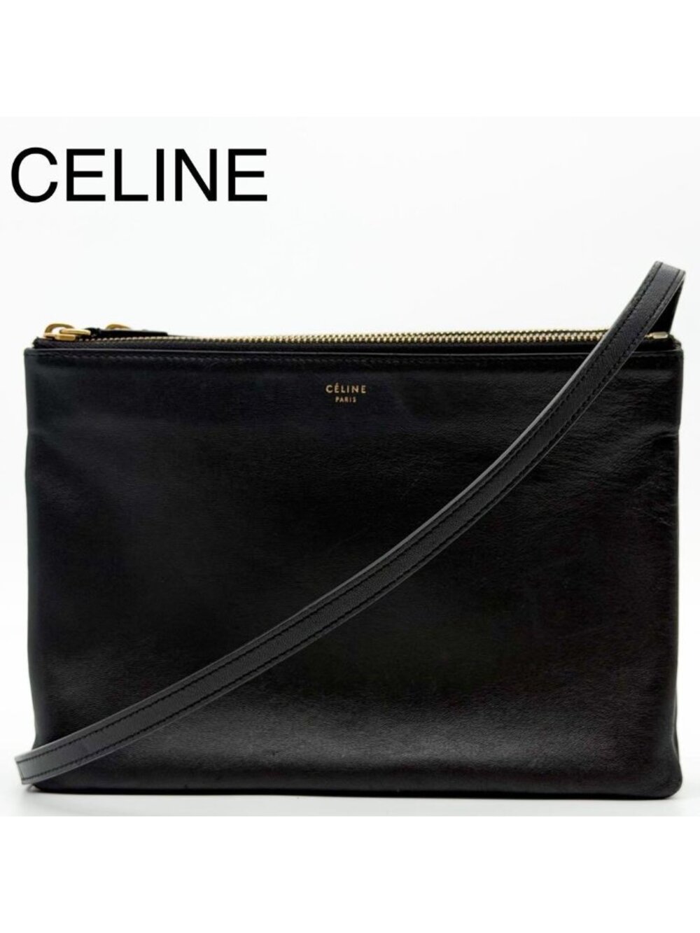 Celine Trio Large Shoulder Bag Black Leather Clutch